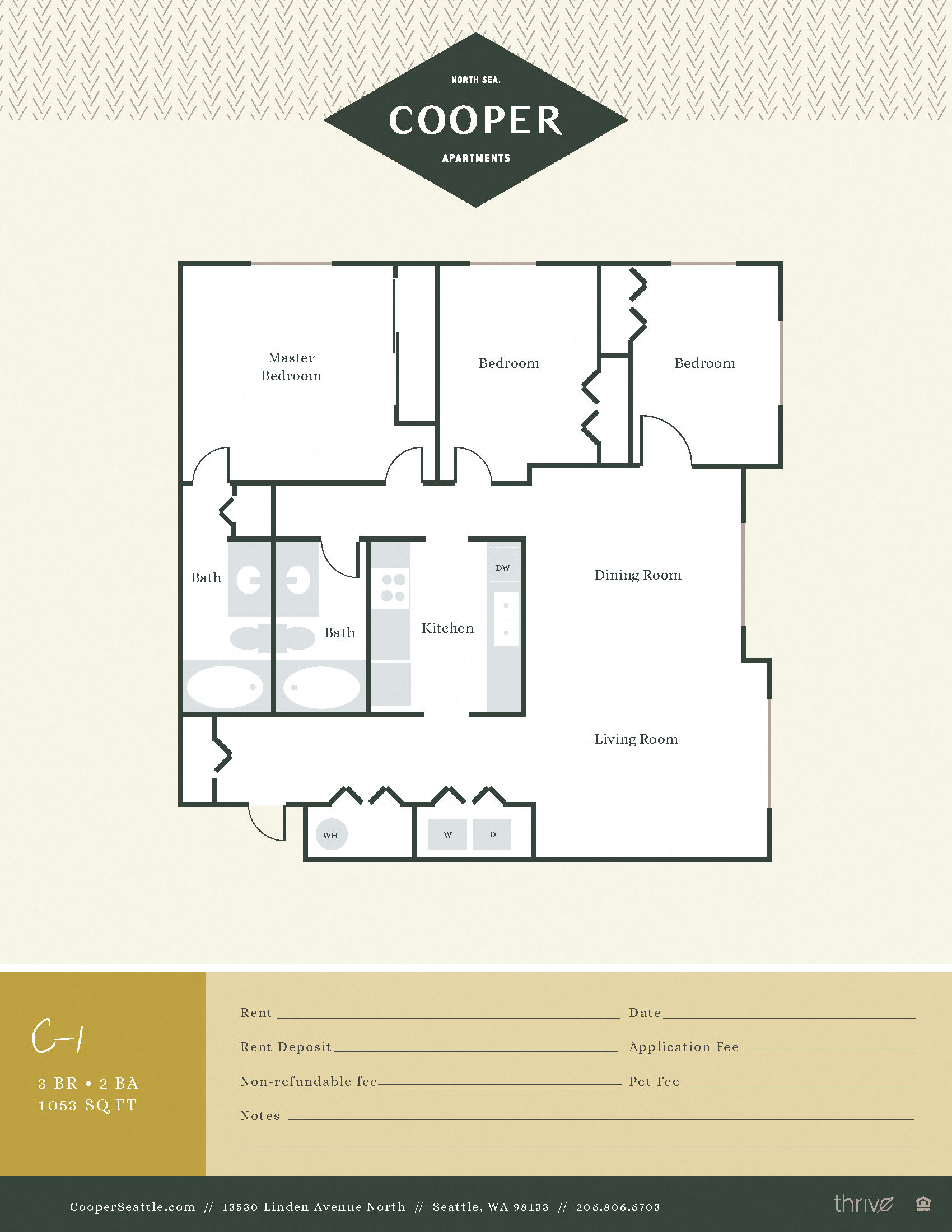 Floor plan for 2 beds, 2 baths, 1077 sqft